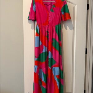 Sugarlips Pink Abstract Button-Front Maxi Dress with Green & Pink Accents